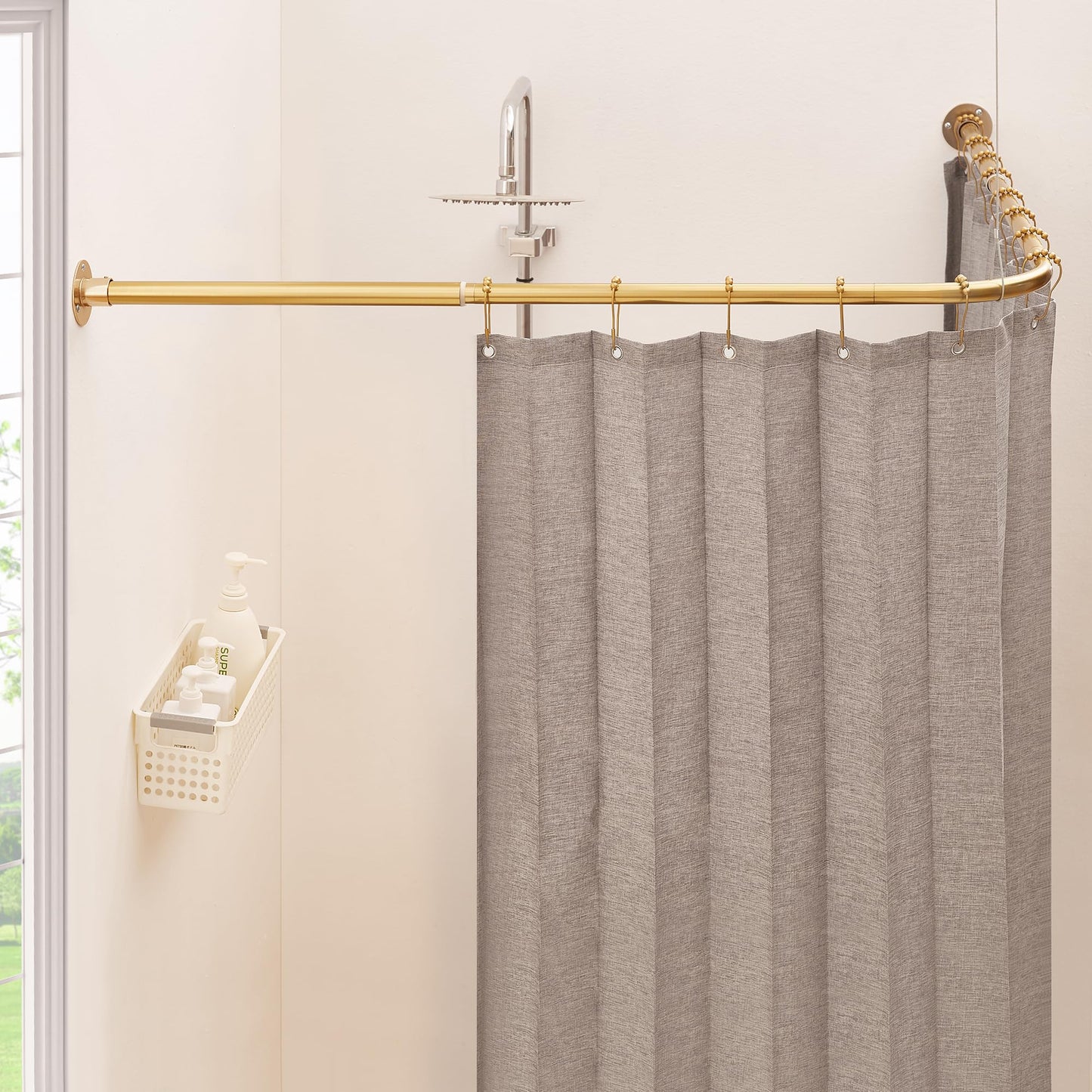 Mirooyu L Shaped Corner Shower Curtain Rail, [60-132 cm] x [60-132 cm] Heavy Duty 90 Degree Adjustable Shower Pole Rod for Bathroom