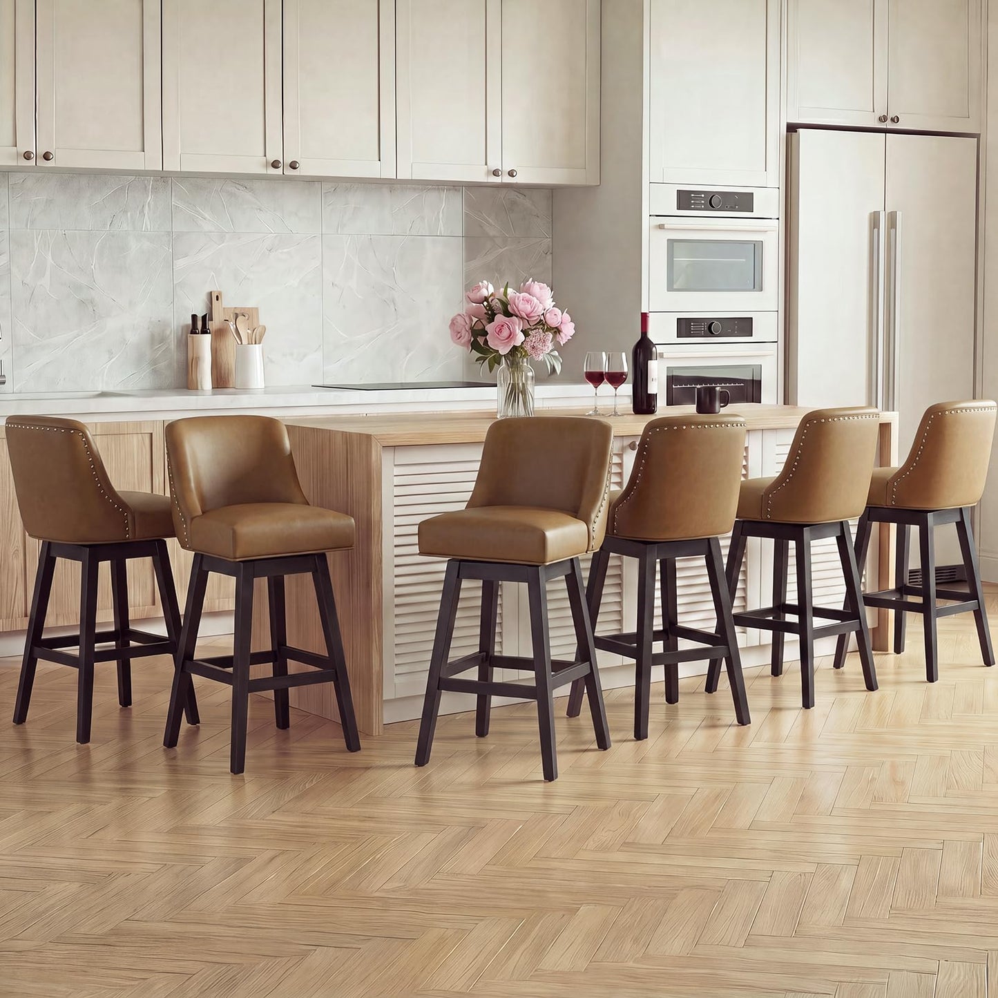 Bar Stools Set of 6, 360° Swivel Upholstered Counter Stools with Back, Wooden Frame Kitchen Bar Chairs with Nailhead Trim