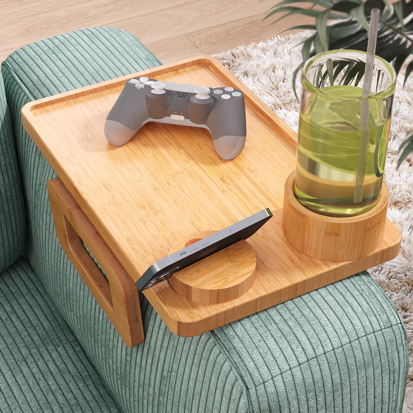 Fibogollo 3 in 1 Sofa Tray,Bamboo Folding Couch Arm Tray with Cup holder and Phone Holder,Sofa Armrest Trays Clip-On Sofas Desk for