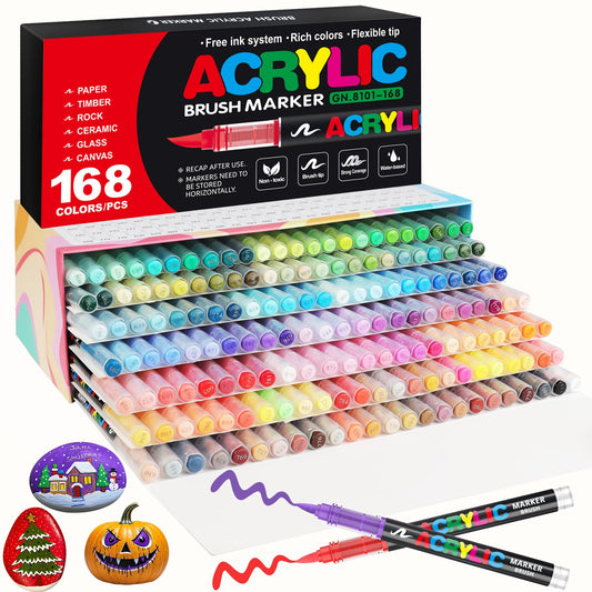 Gelanty Acrylic Paint Pens, 168 Colors Paint Markers with Flexible Brush Tip, Direct Liquid Acrylic Pens for Rock Painting, Ceramic, Wood, Glass
