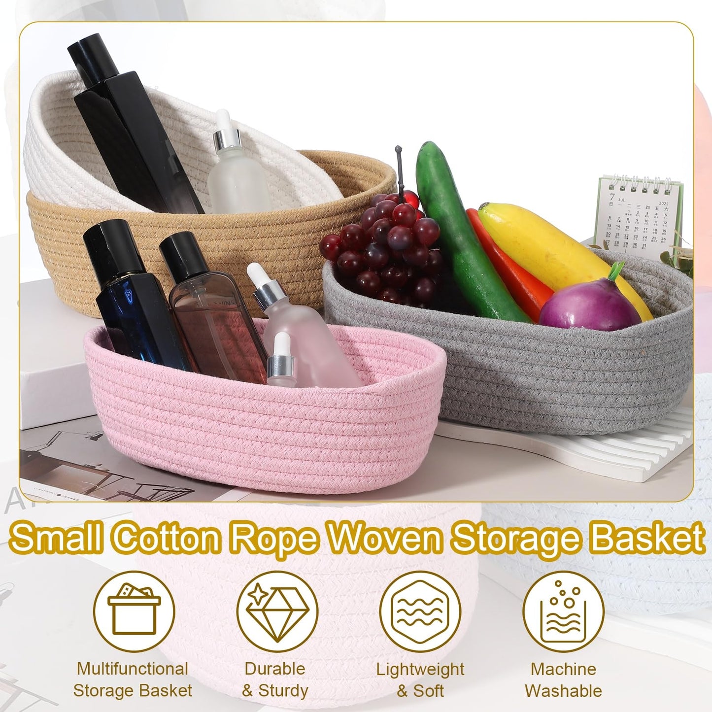 sourcing map White Small Cotton Rope Woven Storage Basket, Shelf Closet Storage Gift Woven Baskets Cute Nursery Box Bin Decor Organization Bin for