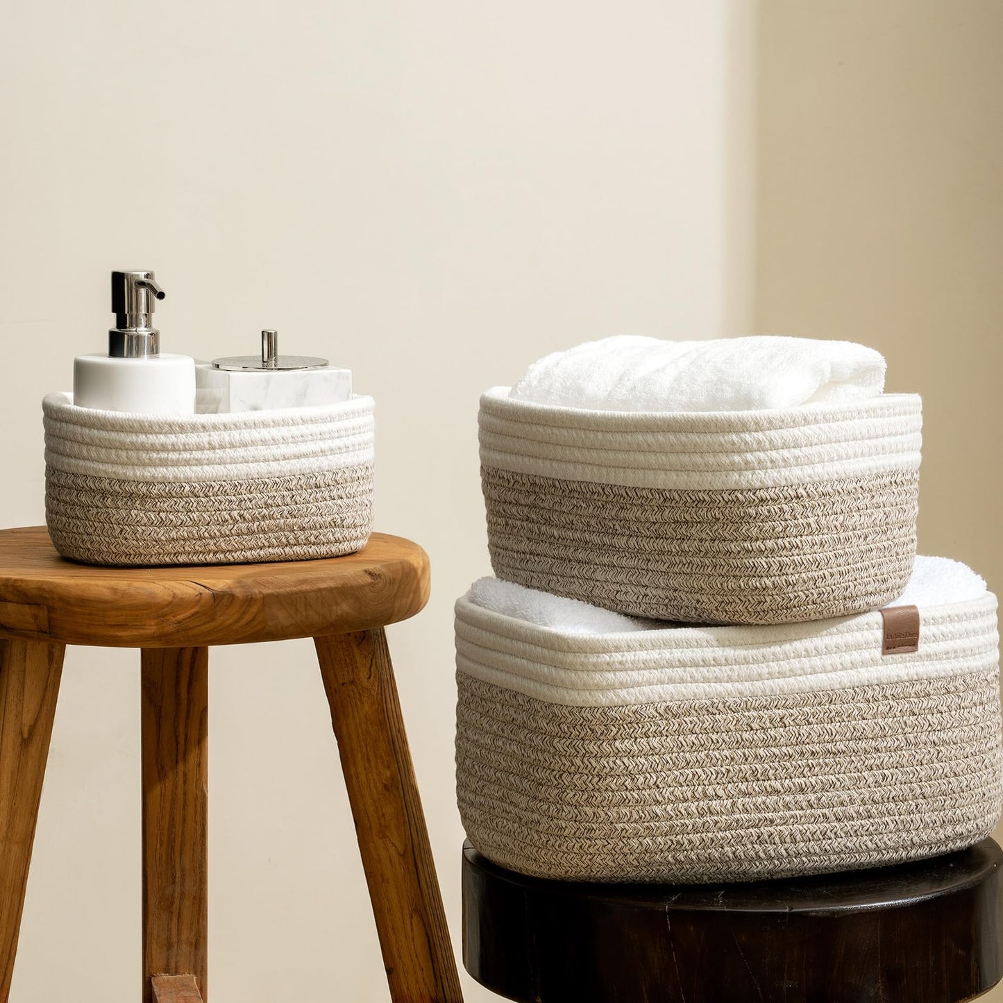 LA JOLIE MUSE Small Cotton Woven Storage Baskets, White & Desert, 3 Pack