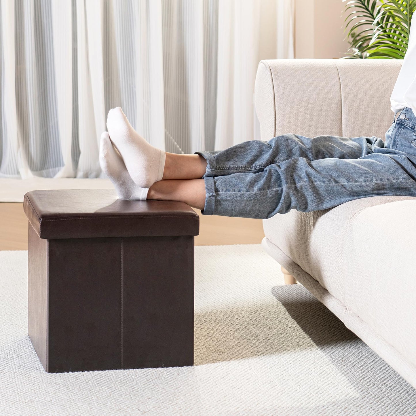 Bonlife Small Ottoman Storage Box with Lid, Foldable Cube Footstool