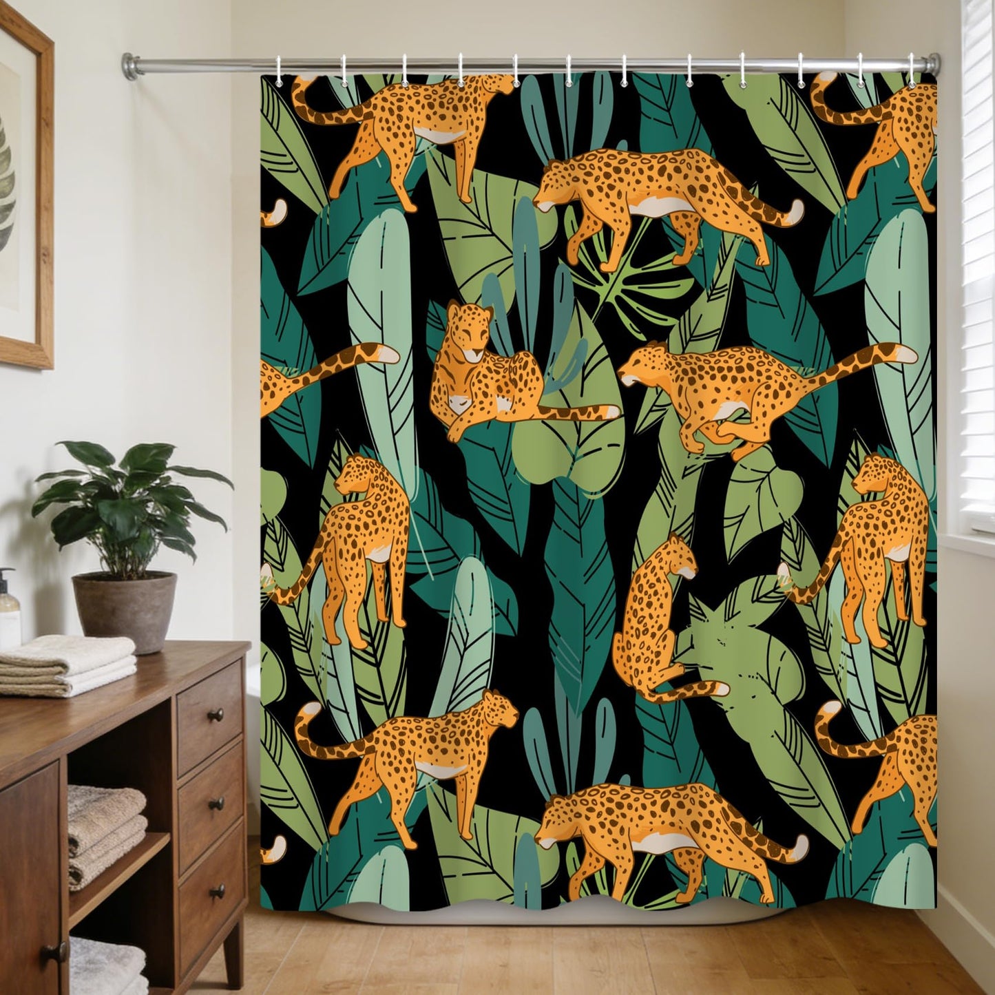 Ttincceer 180x200cm Jungle Leopard Shower Curtain Safari Wildlife Animal Tropical Palm Leaves Bathroom Decorative Water Resistent Boho Modern Nature