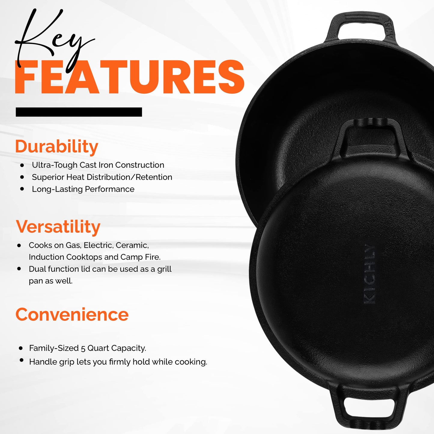 KICHLY 4.7L/5.0 Quart Pre Seasoned Cast Iron Pan, Dutch Oven with Lid, Dual Function Griddle Pan, 10.6 Inch (27 cm), Casted Pot with lid, Casserole