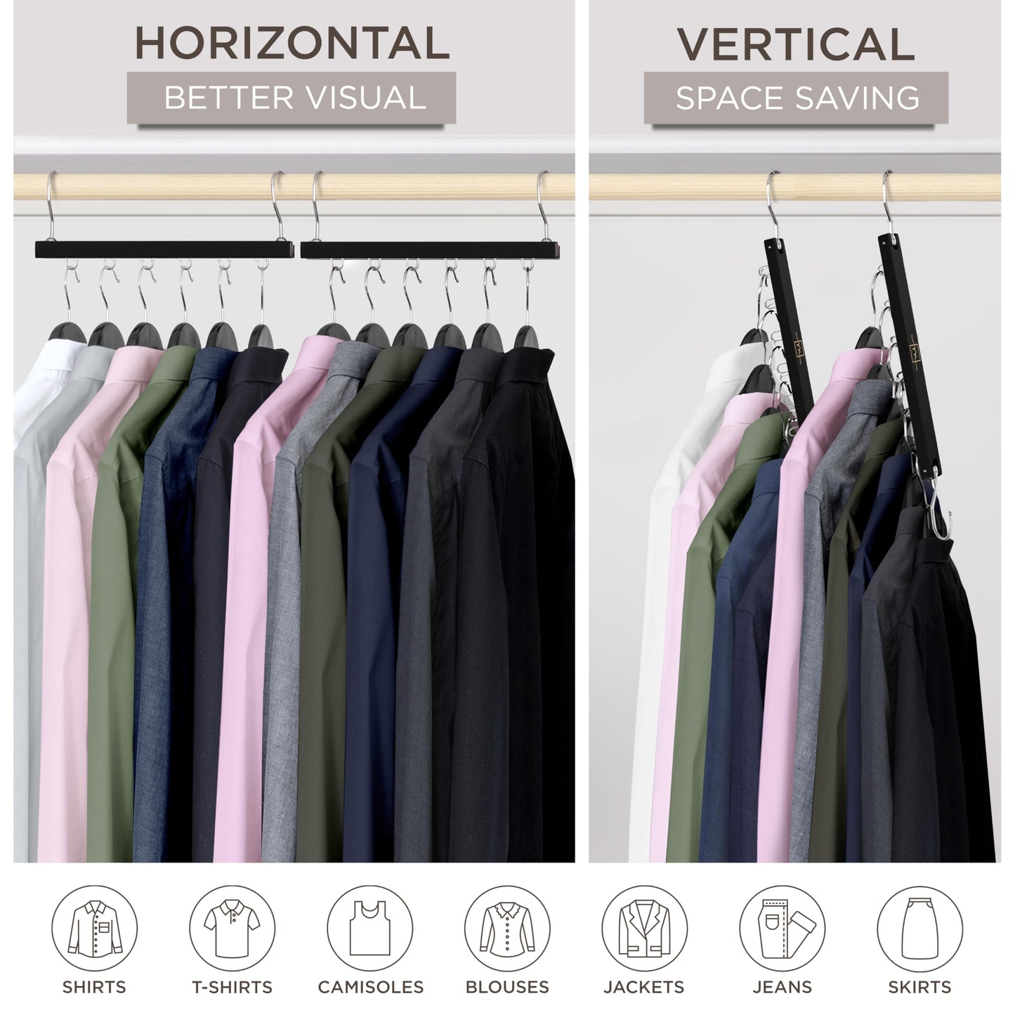MORALVE Space Saving Hangers for Wardrobe – 4 Pack European Beechwood 6-Tier Shirt Organiser with 360° Swivel Hook