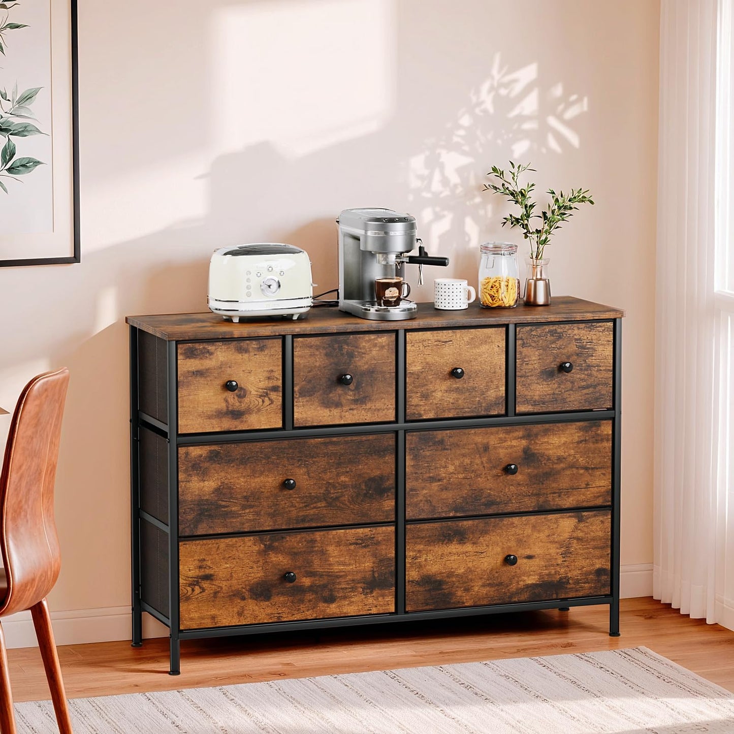 Clevich Chest of Drawers with 8 Fabric Drawers, Wooden top Sideboard, Metal Frame, Anti-Tip Design Storage Cabinet for Bedroom