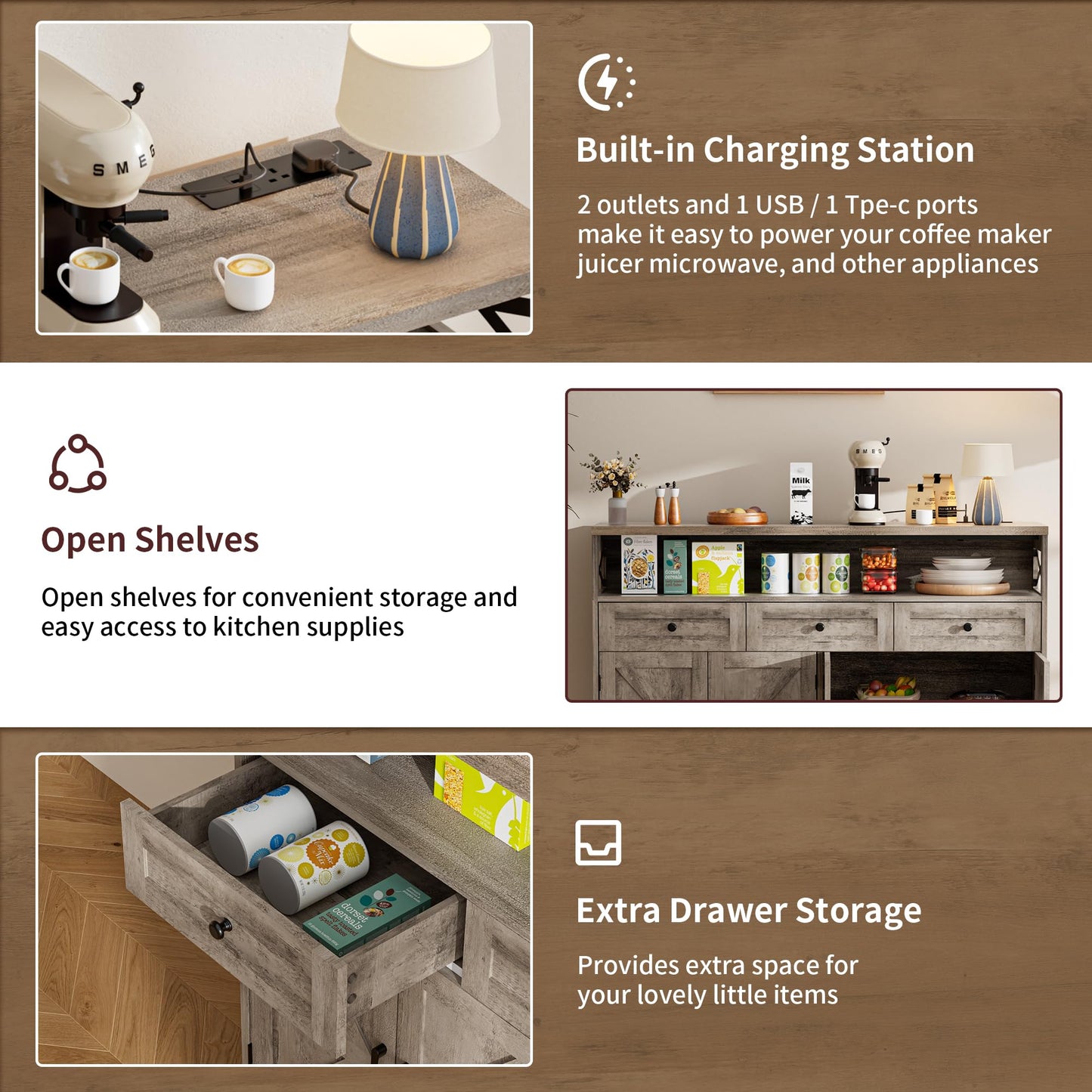 BonVache Sideboards Cabinet with Power Outlets,Wooden Storage Sideboard with Adjustable Shelf,3 Drawers and Open Shelf,Buffet Cupboard for Living
