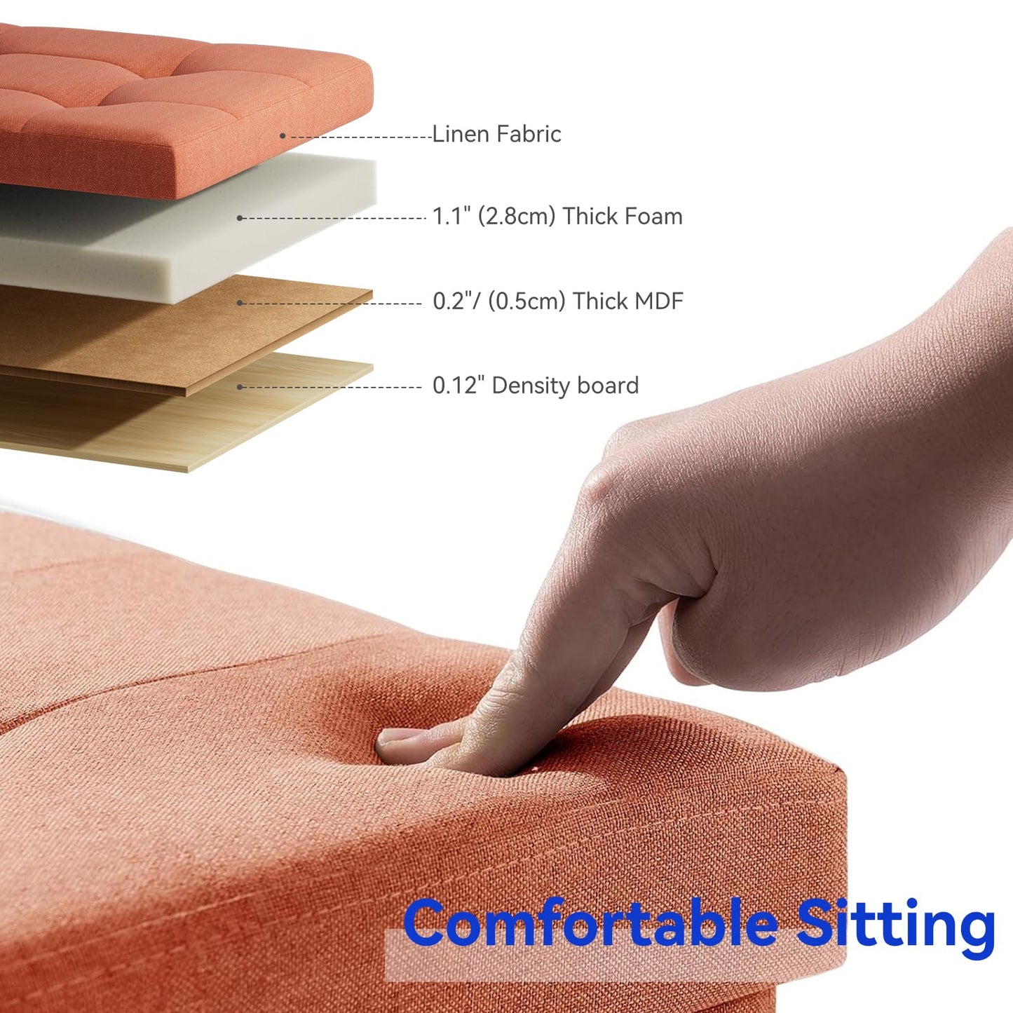 BRIAN & DANY Ottoman Storage Box with 4 Wood Legs, Linen Storage Ottoman for Living Room, Orange, 76 x 38 x 38 cm