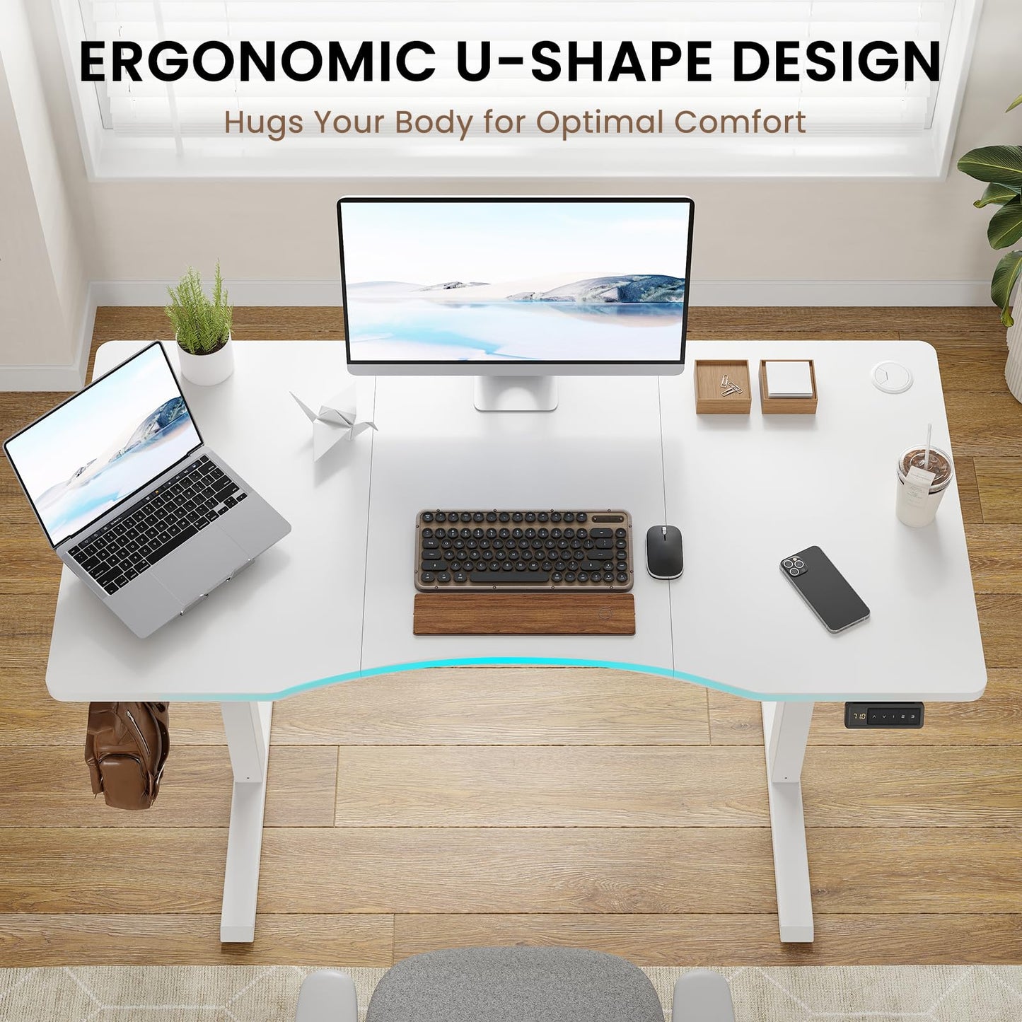 Farini U-Shaped Ergonomic Electric Standing Desk, 120x60cm, Height Adjustable Sit to Stand Desk with Memory Keypad & Headphone Hook for Home and