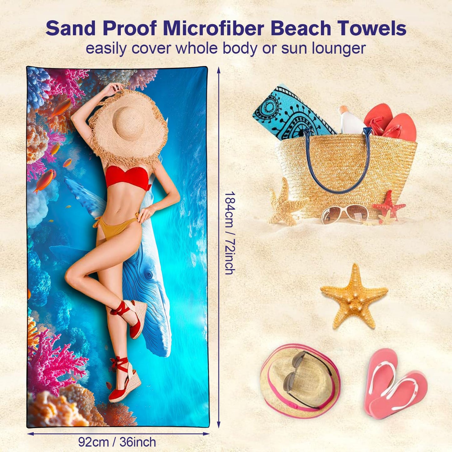 Violetpos Blue Whale Beach Towel, Extra Large 180x90 cm 250GSM Microfibre, Sand Free Quick Dry