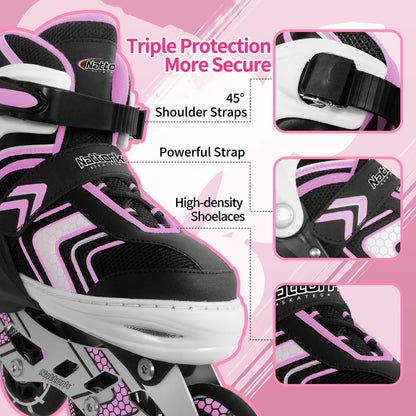 Nattork Roller Skates for Girls with Full Light up Wheels, Adjustable Beginner Inline Skates for Big Kids, Pink, Size 1 2 3