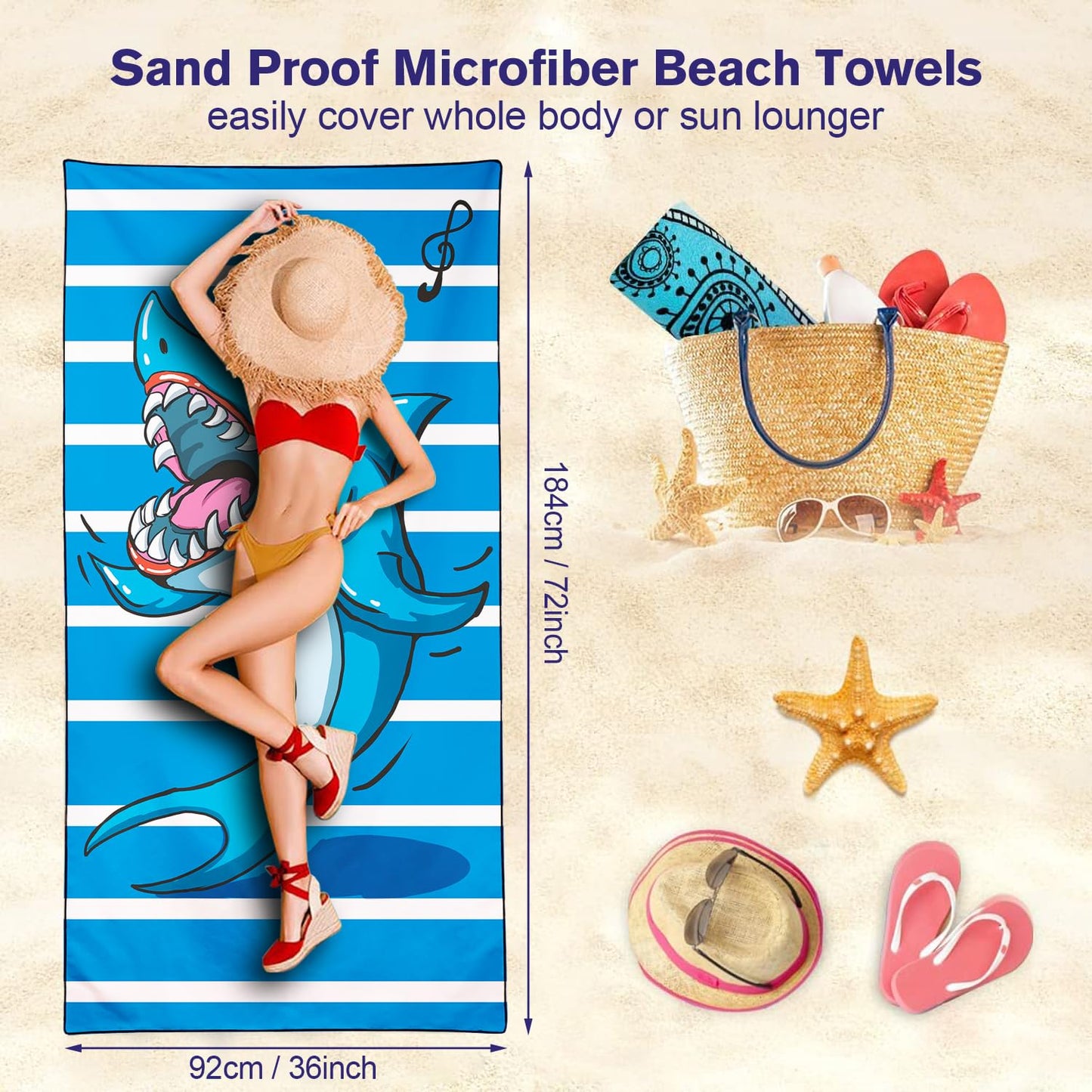 Violetpos Singing Shark Stripe Beach Towel, Extra Large 180x90 cm 250GSM Microfibre, Sand Free Quick Dry