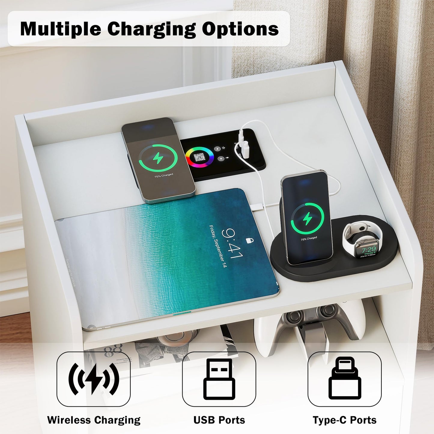 Quikraen Bedside table with 2 Drawers, wireless charging and LED light