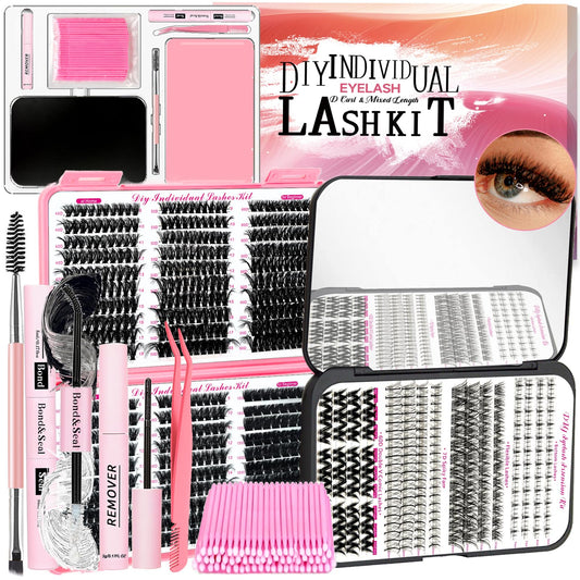 QUKLOGEN DIY Fluffy Lash Extension Kit 772Pcs D Curl 4 styles Individual Lash with Bottom Clusters Bond and Seal,Quick Glue Remover Tweezers Eyelash