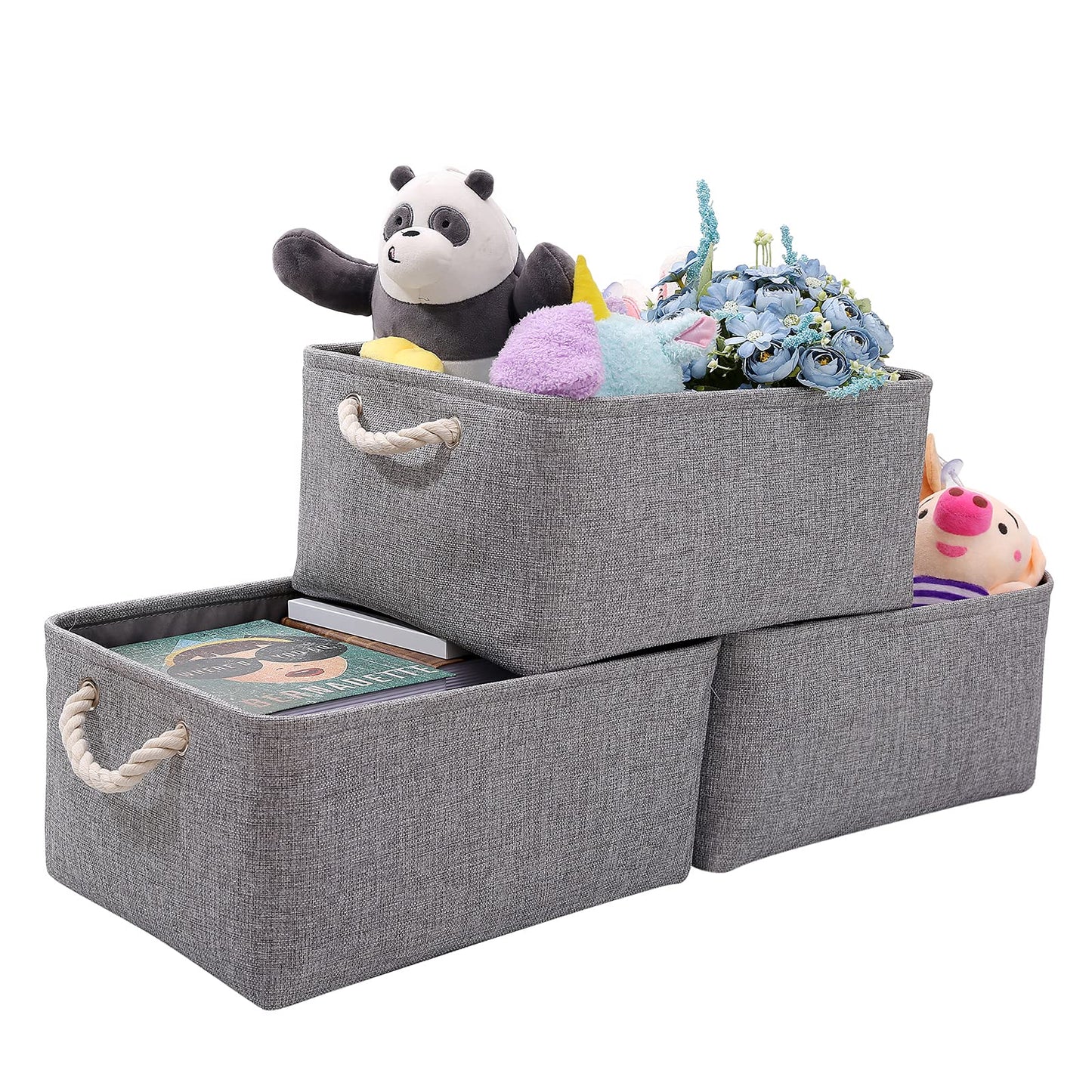 PWVMWM Small Grey Storage Box with Handles, 3 Pcs Thicken Canvas Storage Boxes, Wardrobe Storage Baskets, Collapsible Linen Storage Box for Toys