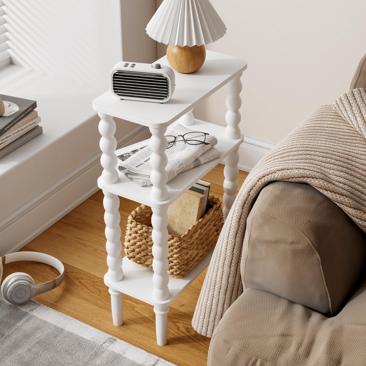 JERX 3-Tier Narrow Side Table Small End Table White