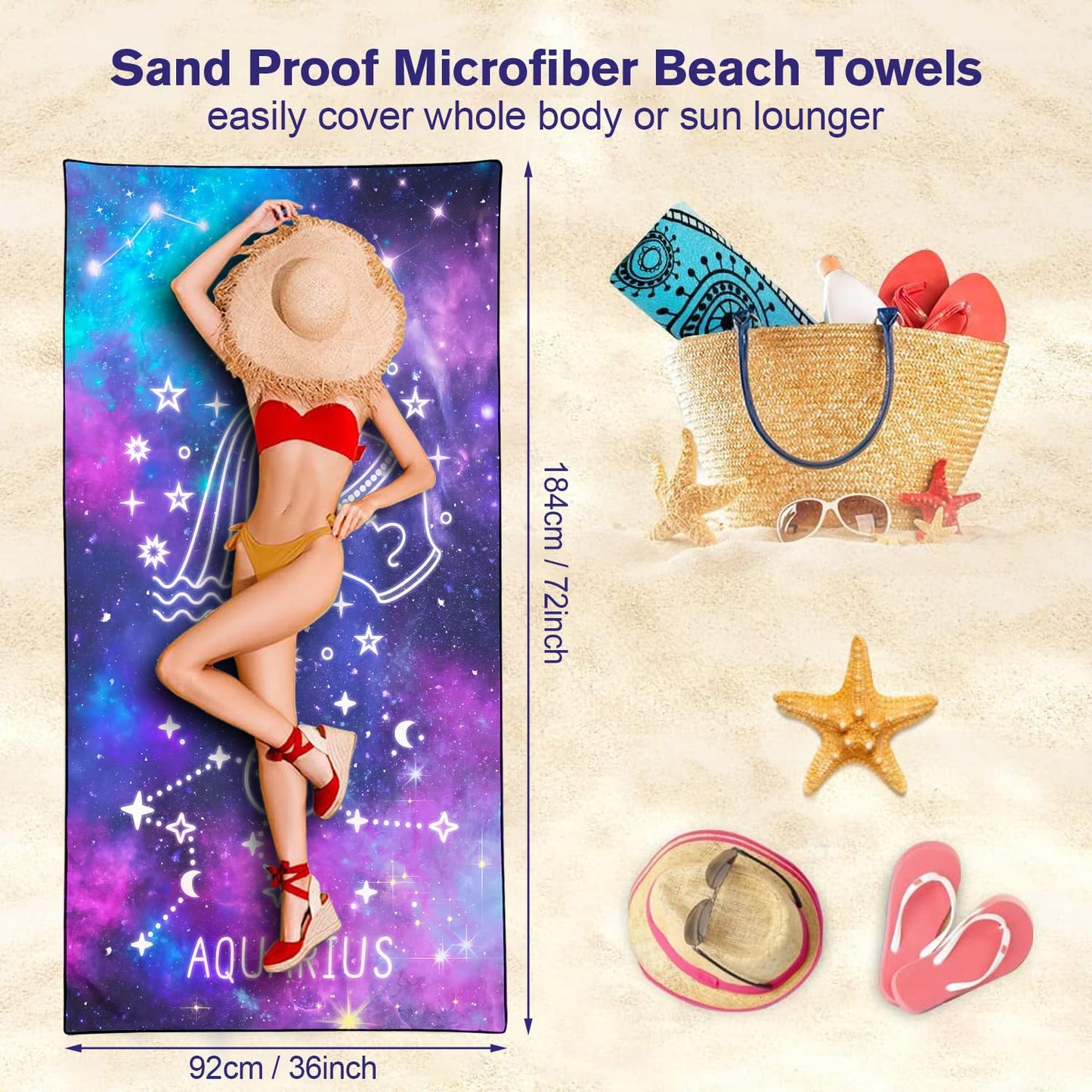 Violetpos Aquarius Zodiac Sign Beach Towel for Astrology Fans, Extra Large 180x90 cm 250GSM Microfibre, Sand Free Quick Dry