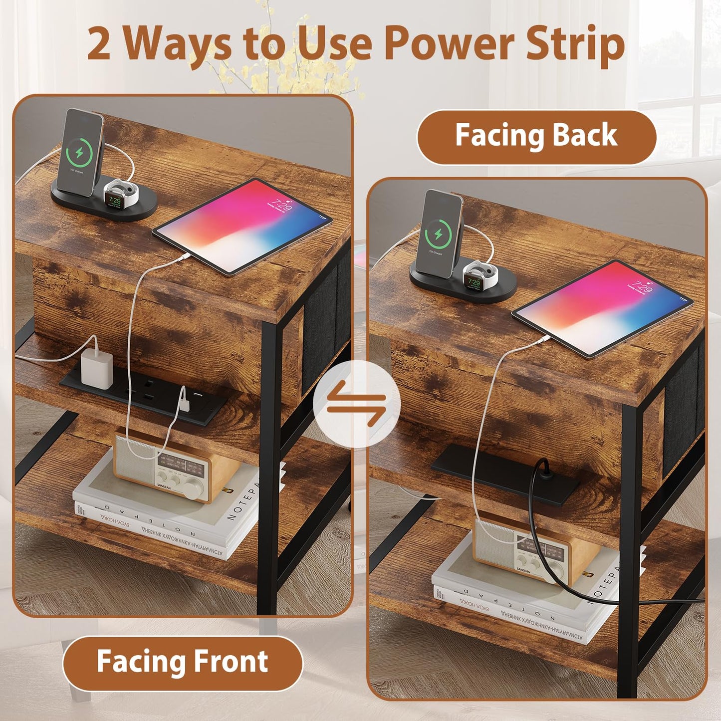 Feonase Slim Side Table with Charging Station, Narrow Bedside Table with Fabric Drawer & Storage, End Table for Living Room Bedroom Small Space