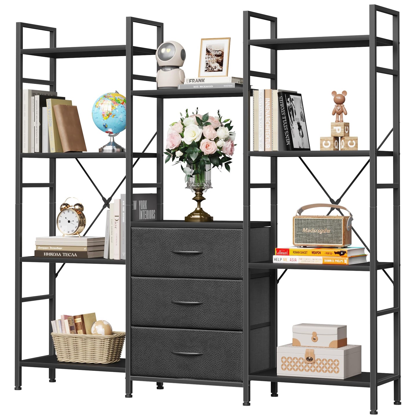OYRREU 4-Tier Bookcase with Drawers, 120cm Wide Black Shelving Unit