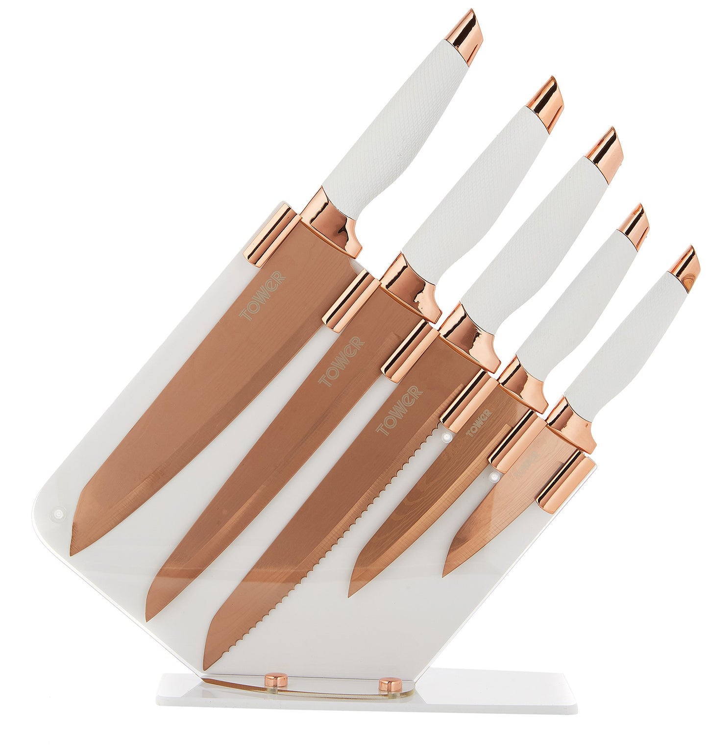 Tower Damascus Effect Kitchen Knife Set with Stainless Steel Blades and Acrylic Stand, Rose Gold/White, 5 Piece