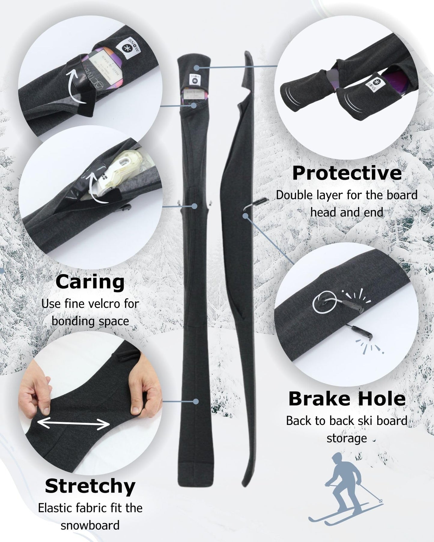 MONS Snow Skis Protection Fabric Soft Sleeve Cover Wide Open Easy Pack (M)