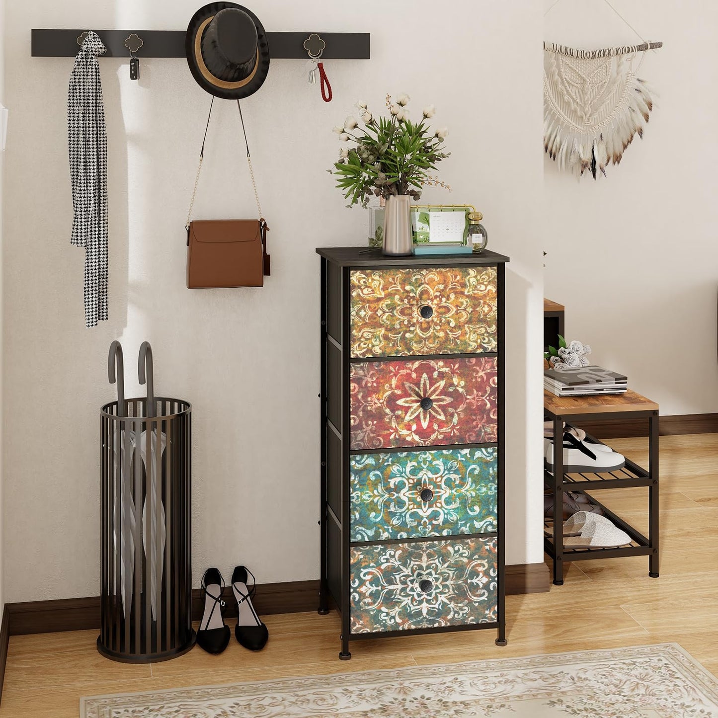 Welfuturer Chest of Drawers with 4 Fabric Drawers Bohemian Print Bedroom Storage Unit Nightstand End Table with Wood Top Metal Frame for Bedroom