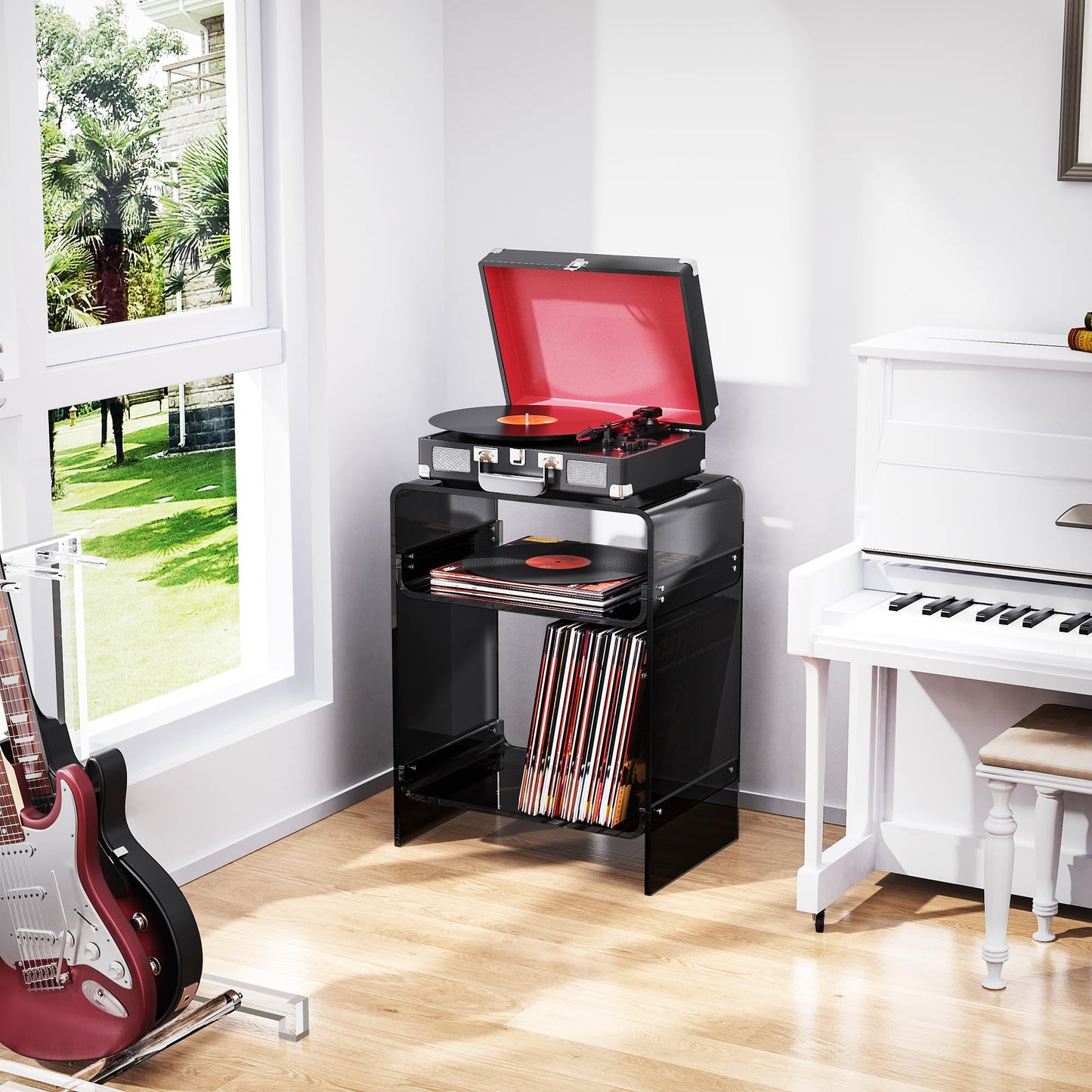 Acrylic Record Player Table with Storage Shelf, Clear Side Table, Nightstand (Black, 45×30×58 cm, Acrylic)