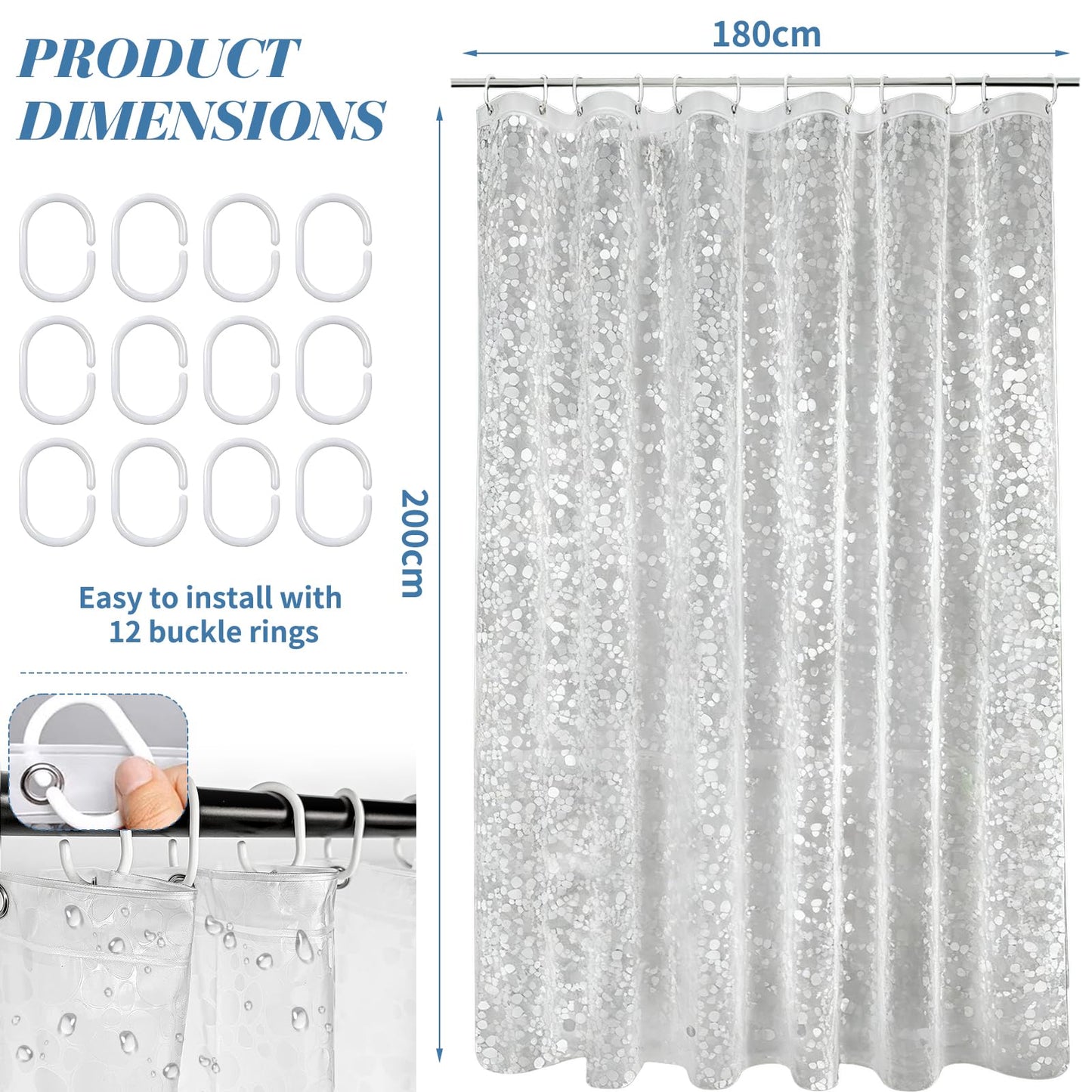 MADGININE Clear Shower Curtain, 180 x 200 cm Waterproof Shower Curtains for Bathroom, 3D Effect Pebble Waterproof Bathroom Curtain with 12 Hooks