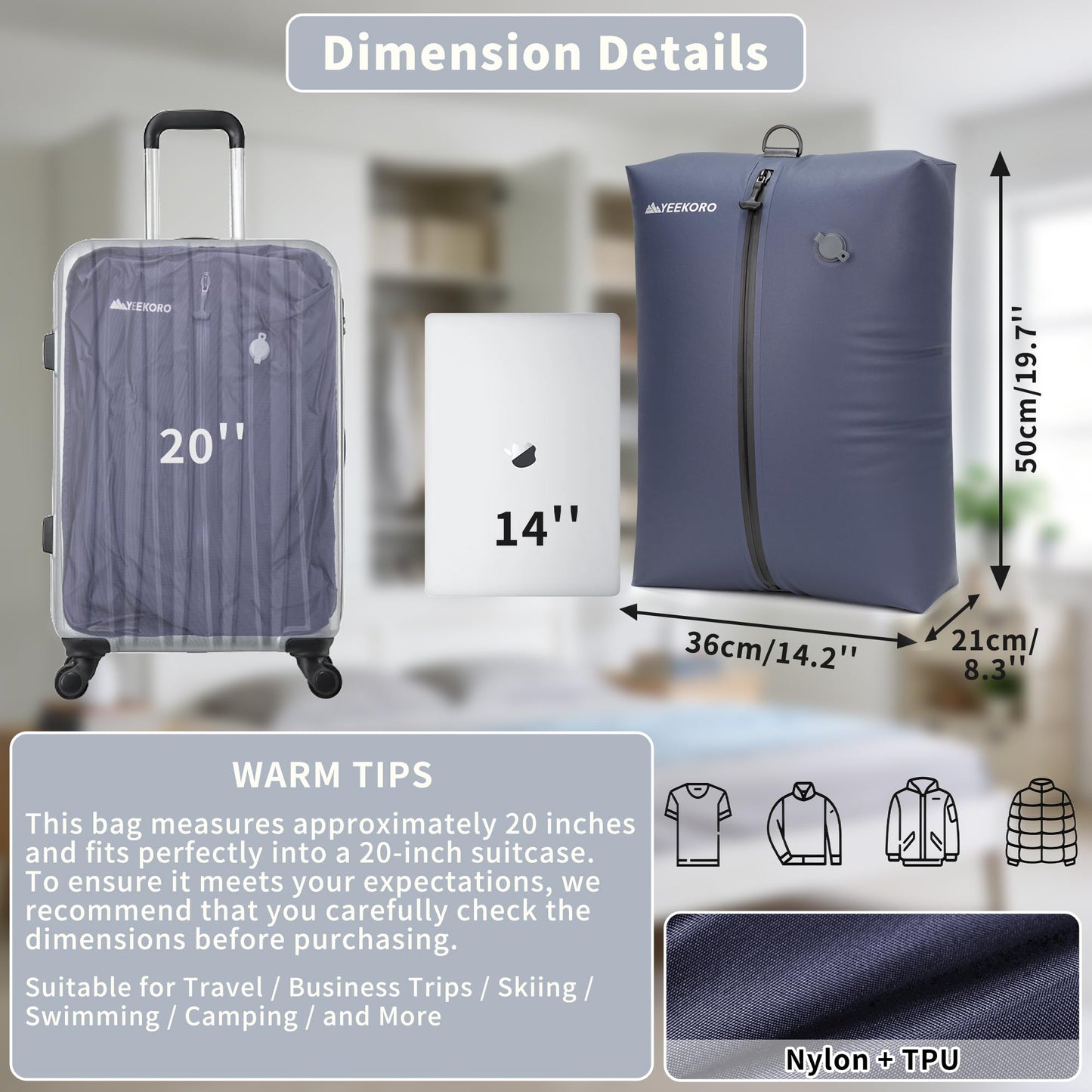 YEEKORO Vacuum Bag for Travel, Professional Vacuum Compression Bags, IPX8 Waterproof Reusable Anti Tear Space Saver Vacuum Storage Bags for Suitcase