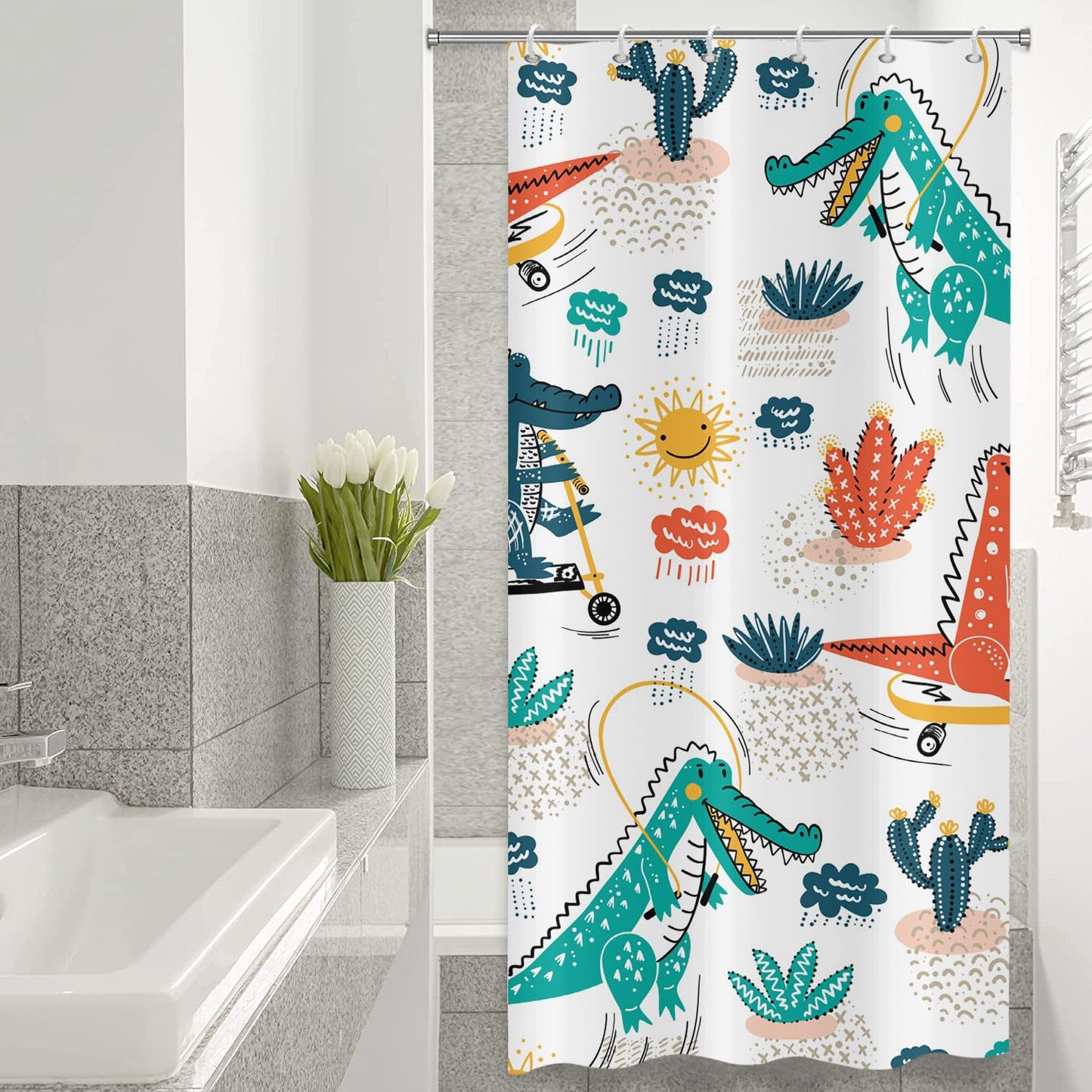 ASDCXZ Kids Shower Curtain 90x180 cm, Cute Cartoon Crocodile Cactus Sun Cloud Bath Washable Narrow Shower Curtains with eyelets Polyester Textile
