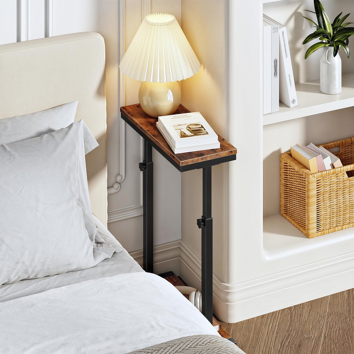 HOOBRO Narrow Side Table, 48-80 cm Height Adjustment, 2-Tier Slim Sofa End Table, Bedside Table, Couch Table for Small Spaces, Living Room, Bedroom
