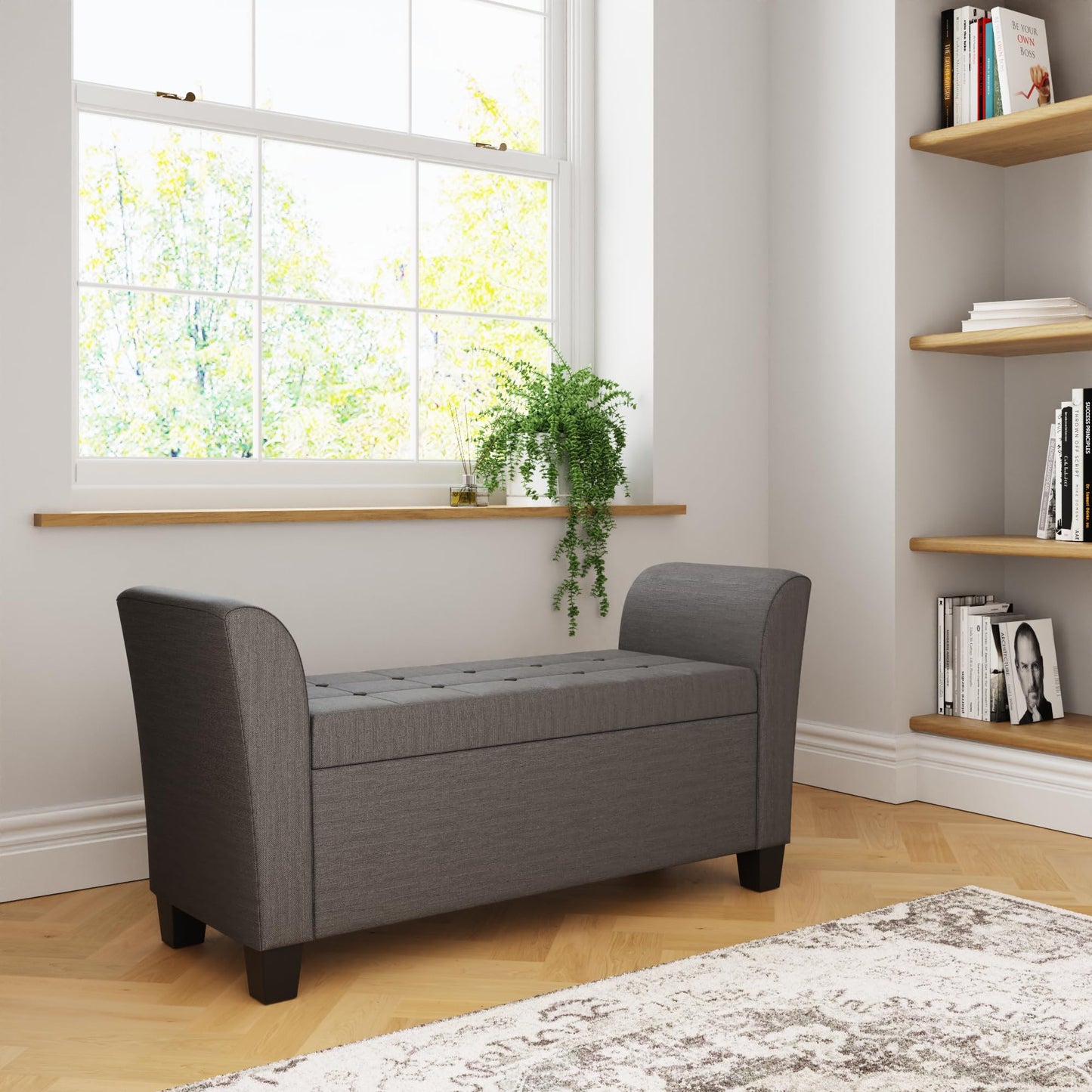 GFW Verona Window Seat Ottoman Storage Bench in Charcoal Grey, Upholstered Buttoned Seat with Hidden Storage & Wooden Feet
