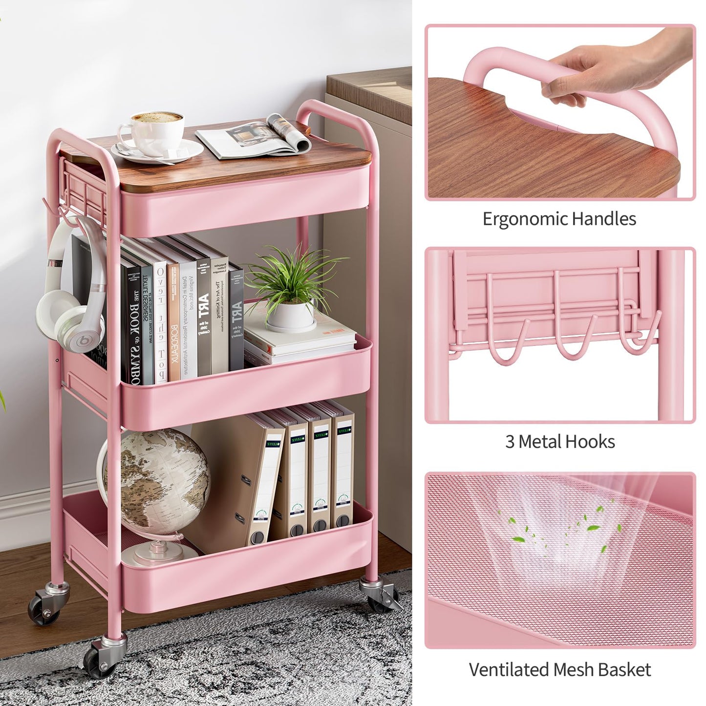KINGRACK 3-Tier Rolling Storage Trolley, Pink