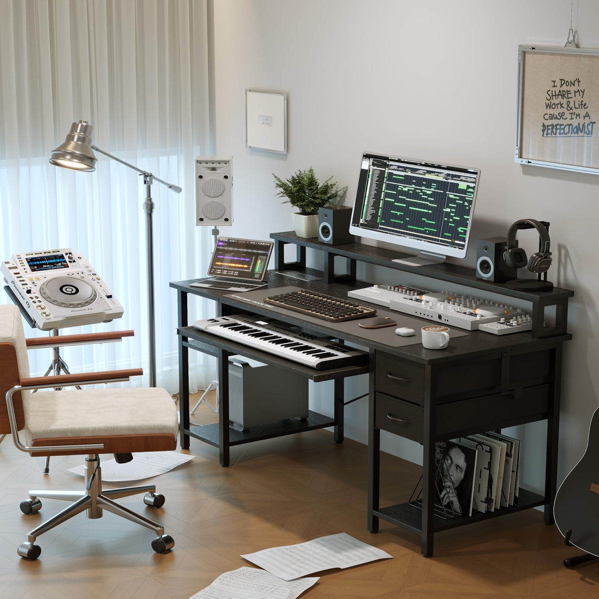 Xyphren Computer Desk with Drawers, Office Desk with Keyboard Tray with Power Outlet & Monitor Stand