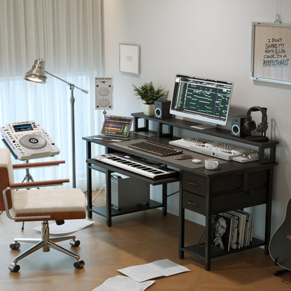 Xyphren Computer Desk with Drawers, Office Desk with Keyboard Tray with Power Outlet & Monitor Stand