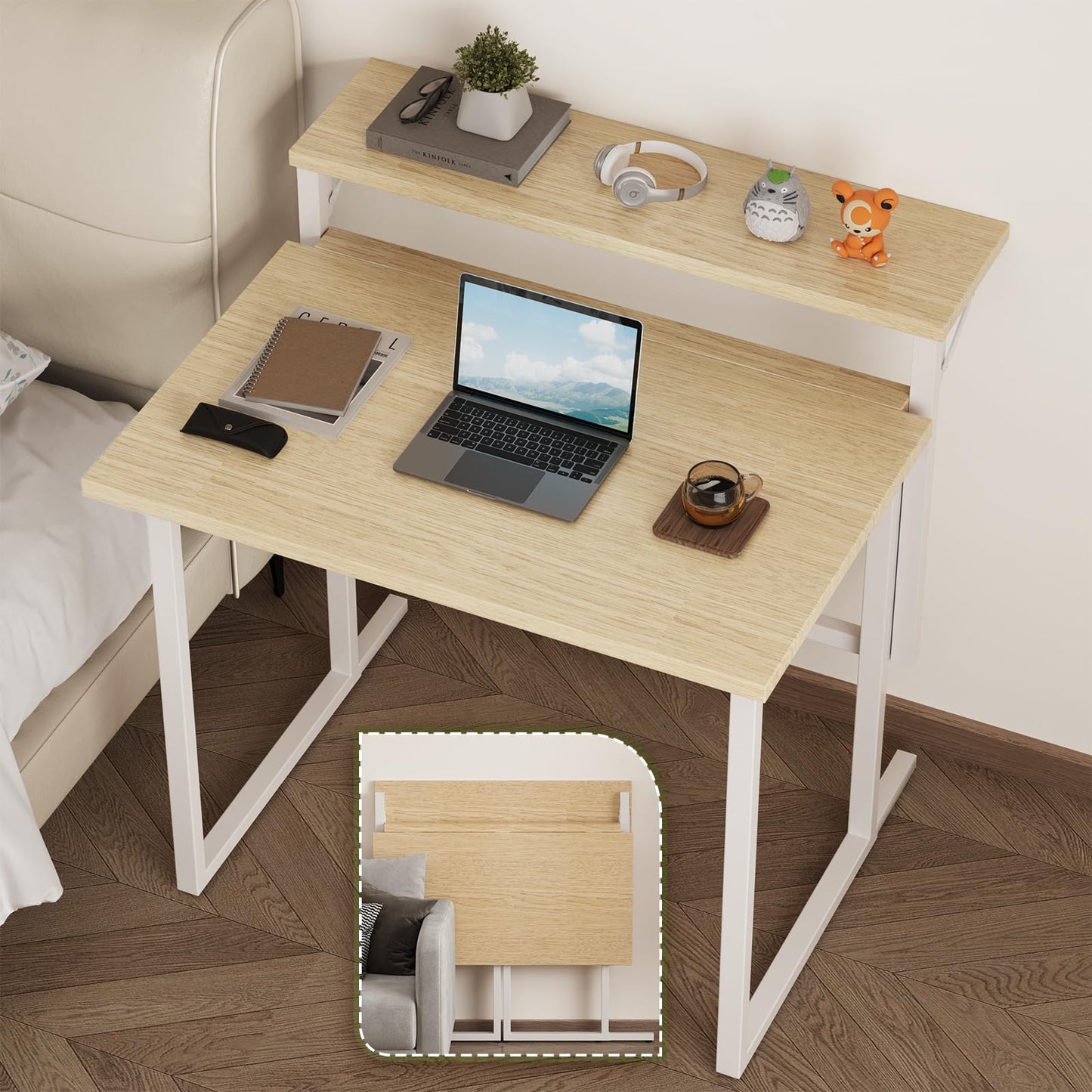 JUMMICO Foldable Desk,Small Desk with Monitor Shelf,2-Tier Folding Table for Home, Office, School, Computer Desk for Small Space,Oak