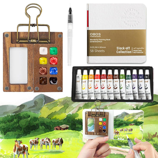 YouthLoxus 5Pcs Mini Watercolour Paint Set Travel, 8 Grids Wood Pocket Watercolour Set, Foldable Tobios Watercolour Kit for Painters?Artists and