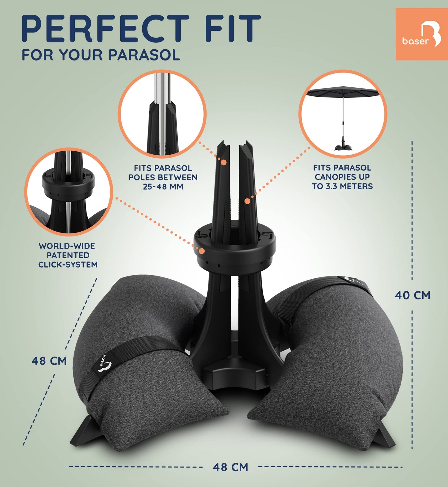 Baser Parasol Base with fillable Sandbag weights 30 KG, up to 3.3 M Parasol, Made of Recycled Materials in Denmark