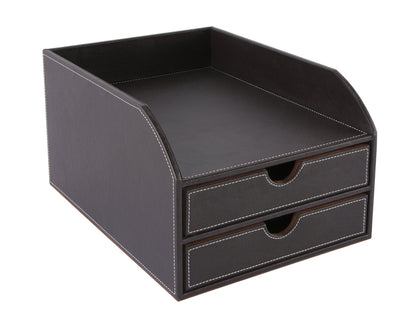 OSCO Brown Faux Leather 2 Tier Sorter with Letter Tray | A4 | Drawers | Desk Tidy | Document Storage | Paperwork Organiser | File Holder | 35 x 25 x
