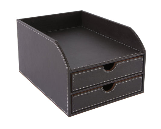 OSCO Brown Faux Leather 2 Tier Sorter with Letter Tray | A4 | Drawers | Desk Tidy | Document Storage | Paperwork Organiser | File Holder | 35 x 25 x