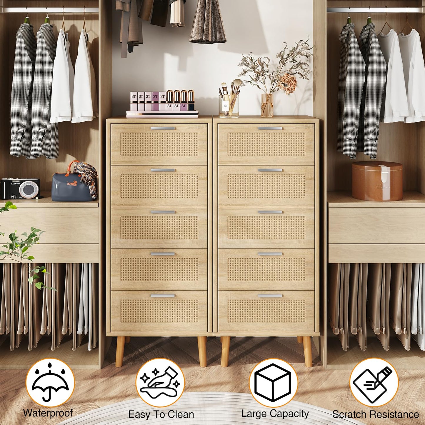 IBUYKE Rattan Chest of Drawers Bedroom with 5 Drawers,Natural WST010N