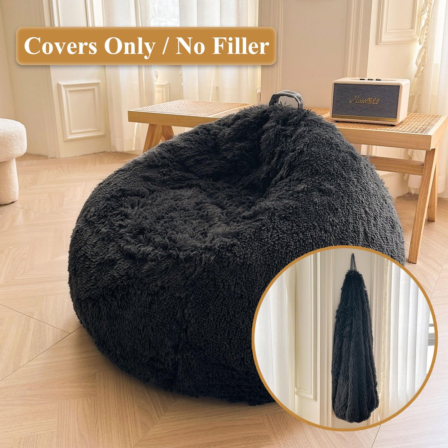 XeGe Fluffy Stuffed Animal Storage Bean Bag Cover(No Filler), Dark Grey