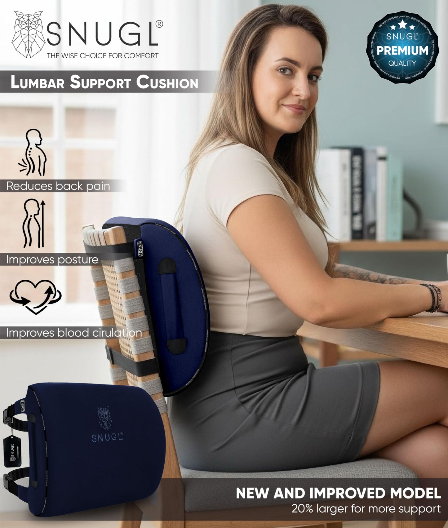 SNUGL Lumbar Support Cushion | Seat Cushions | Back Support for Office Chair | Posture Corrector Men & Women | Car Seat Cushion