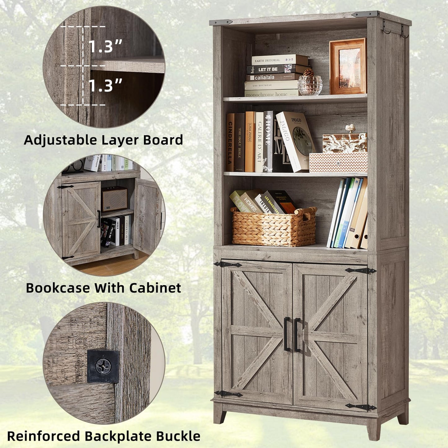 LELELINKY 70in Tall Bookshelf 5 Tier Bookcase with Barn Doors and Adjustable Shelves, Oak Farmhouse Book Shelf with Storage Cabinet