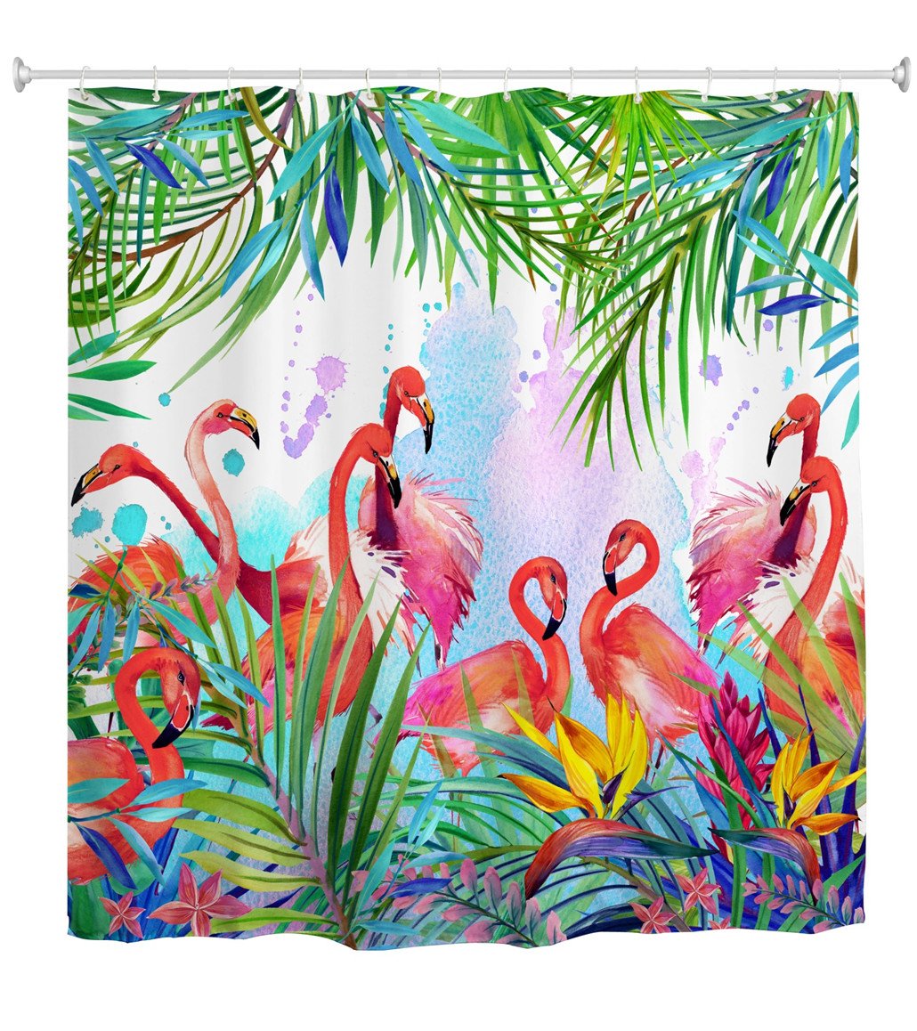 goodbath Extra Long Shower Curtain, Flamingo Tropical Leaves Waterproof Anti Mould Fabric Shower Curtains for Wet Room, 180 x 240cm Drop(72x94), Pink