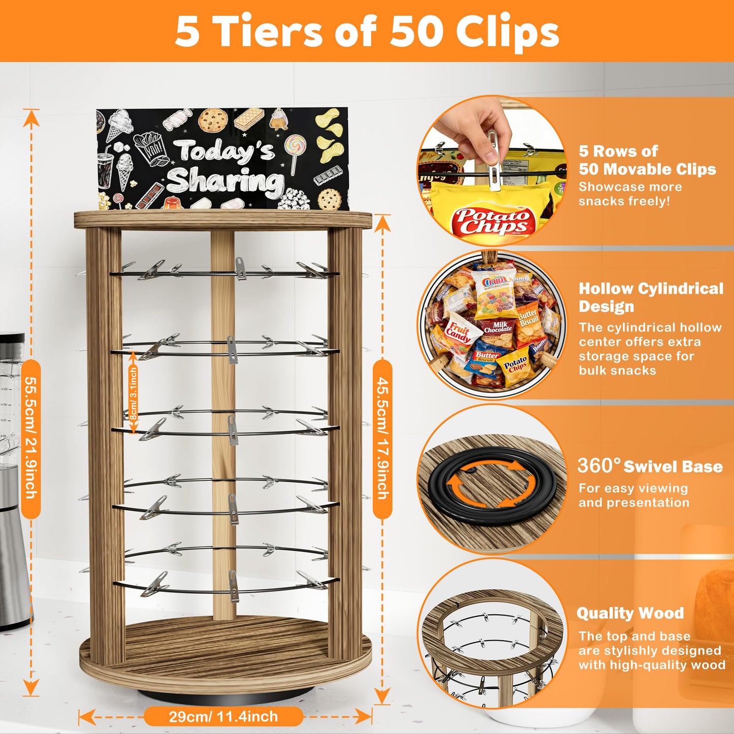Emfogoo 360° Rotating Snack Organiser, 5 Tier 50 Clips Wooden Chip Rack Display Stand With Advertising Board