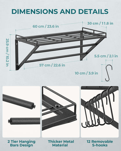 OROPY Wall Mount Pot Pan Racks, Saucepan Hanging Rack, Kitchen Utensils Hanging Shelf with 2 Rails, 12 Hooks, 60cm