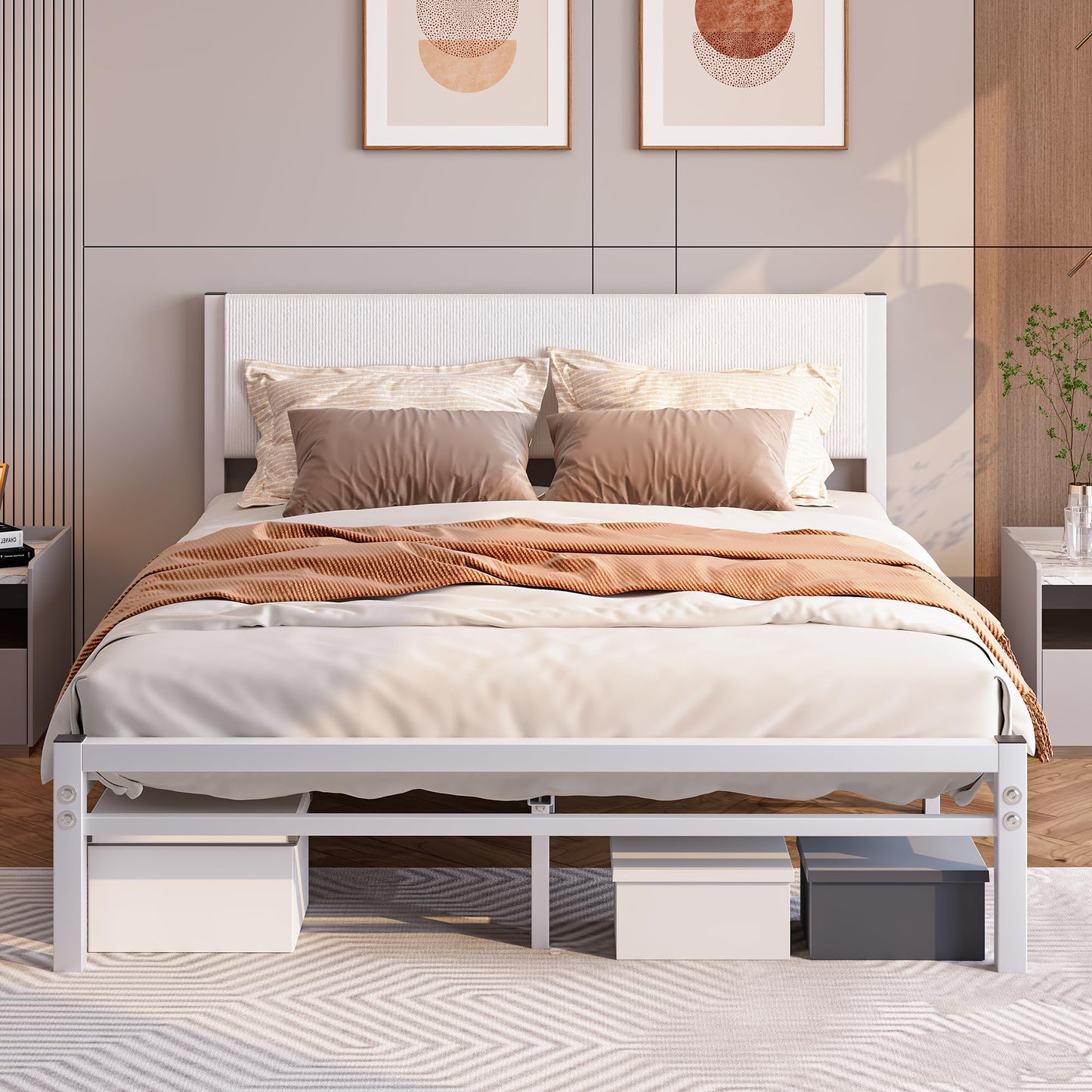 JUISSANO Upholstered Bed 140 x 200 cm Bed Frame Youth Bed Frame Bed 140 x 200 cm with Storage Space and Metal Slatted Frame, Padded Pedestal