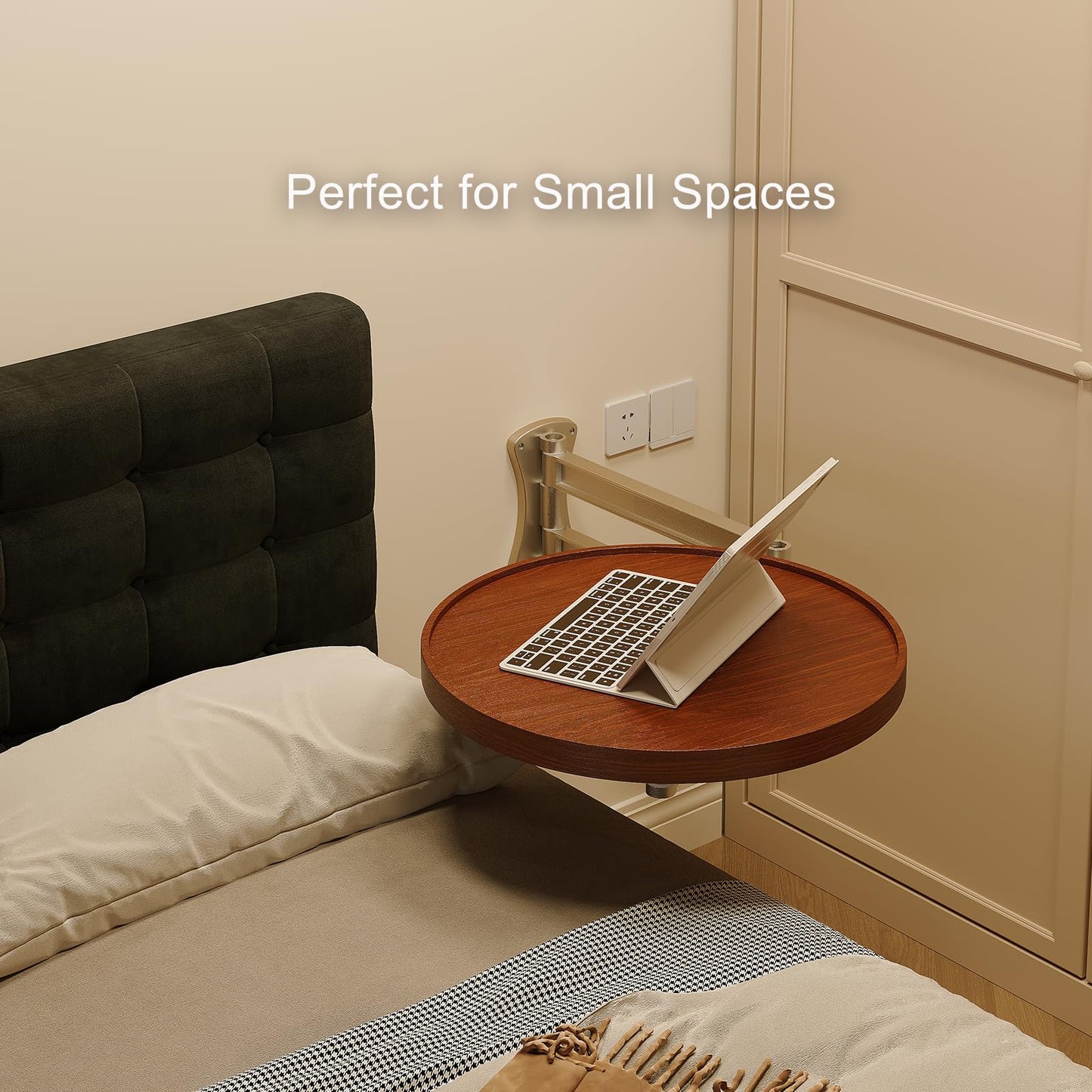 Vanpoo Wall Mounted Folding Table,Walnut Bedside Shelf Wall Mount Floating Wall Desk for Small Spaces,11.8" Round Wood TableTop with Aluminum Alloy